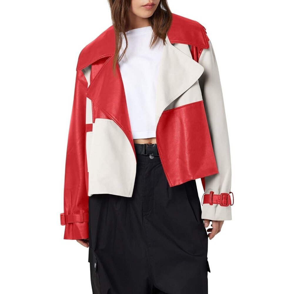 Women's Faux Leather Bomber Jacket with Bow Red Stylish Fall Outerwear Coat